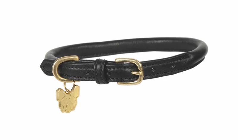 Digby and Fox Rolled Medium/Large Leather Dog Collar in Black