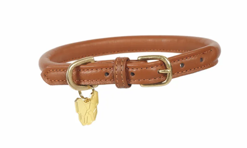 Digby and Fox Rolled Medium/Large Leather Dog Collar in Tan